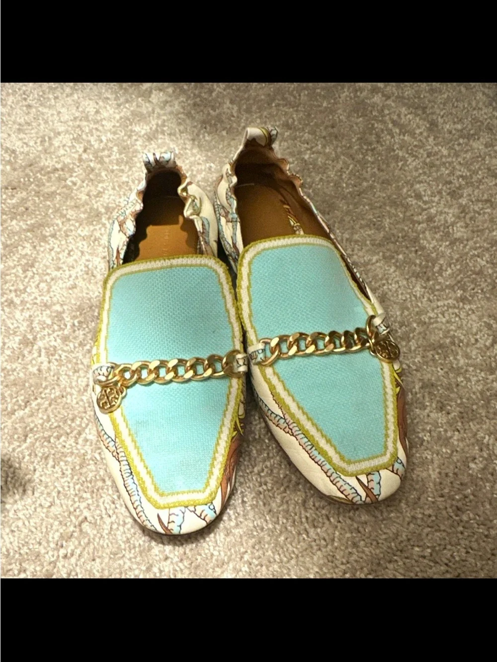 Tory Burch Mint Blue & Cream Printed Chain-Trim Loafers